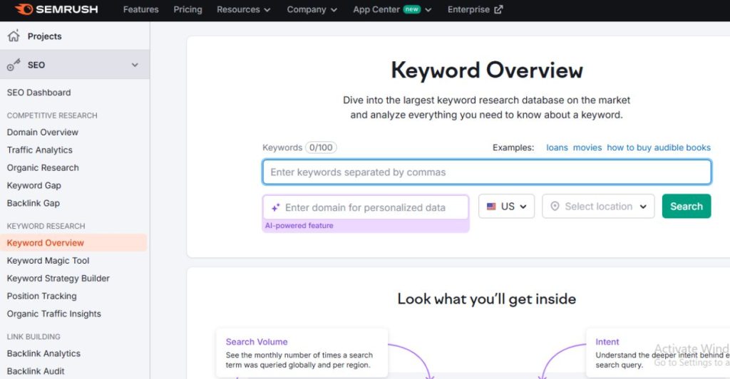 semrush dashboard keyword overview